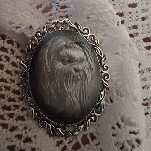 Ladies Shih Tzu Dog Handmade Brooch. Made From Resin/ Silver Metal Frame